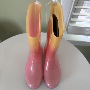Cat & Jack Girl’s Sz 1 Rain Boots CeCe Pink Yellow Glitter Ombre Rubber Pull On - Picture 1 of 6