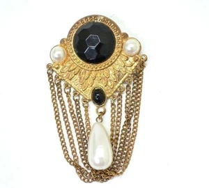 Costume Jewelry Brooch Faux Black Gemstone Pearl Gold Tone Dangle Lapel Bag - Picture 1 of 5