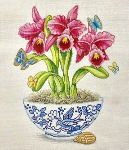 Needlepoint Handpainted Alice Peterson Fuchsia Orchids 10x13 - Picture 1 of 4