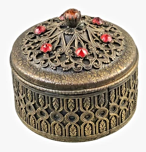 Antique Ornate 1920s Filigree Jeweled Covered Box Vanity Trinket Holder - Picture 1 of 9