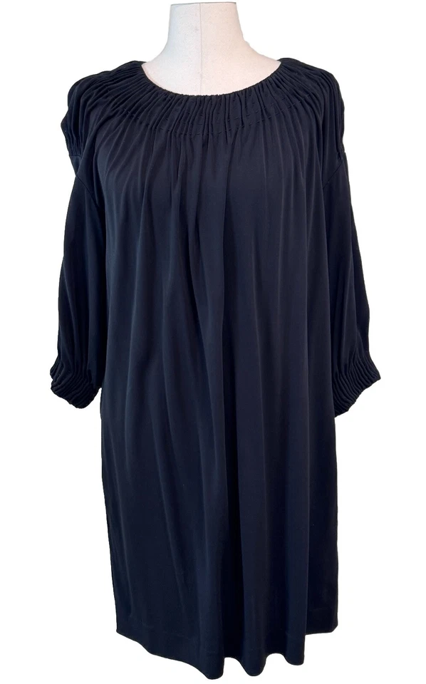 Vince Women's Large DRESS Black Loose Smocked Yoke 3/4 Sleeves Pockets - Image 1 of 4
