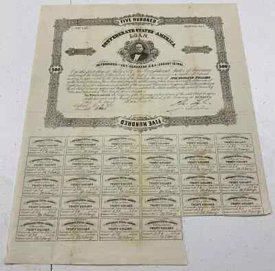 Type 89, Ball 108, 1862 $500 Confederate States of American Loan w/ 28 coupons - Image 1 of 2
