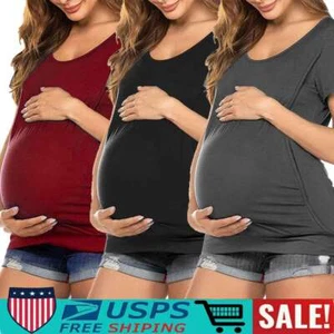 Womens Pregnant Maternity Short Sleeve Breastfeeding T-Shirt Nursing Blouse Tops - Picture 1 of 15