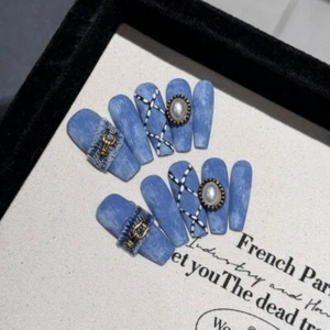 Handmade Press on Nails Blue Cowboy style Long Coffin Fake Nails for Girl Lady - Picture 1 of 9