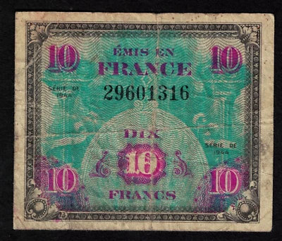 Allied Military Currency USA 10 FRANCS 1944 French flag banknote paper money - Image 1 of 2