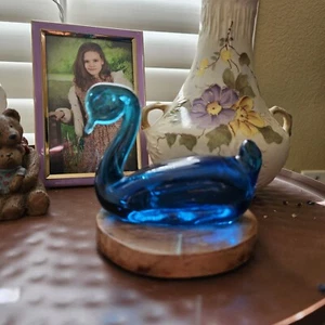 Vidrio artístico soplado a mano vintage azul cobalto y cisne transparente - Imagen 1 de 8