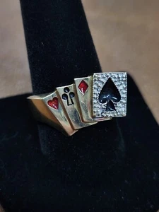 Real 10K Solid Yellow Gold Four Playing Cards Diamond Ring - Size 10.25 - Picture 1 of 12