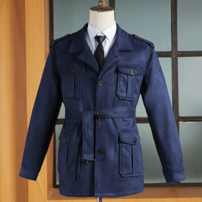 Chaqueta de safari retro de gamuza para hombre con múltiples bolsillos abrigo de caza con cinturón ropa exterior informal Foto 1 de 4