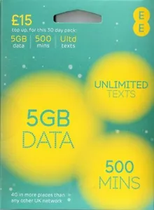 EE Sim Card Pay As You Go £15 Pack 5GB Data Unlmtd SMS Mini, Micro & Nano UK - Picture 1 of 3