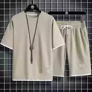 2025 new Summer Men's Waffle Sets Casual T-Shirt And Shorts Set Male Sports Suit - Picture 1 of 30