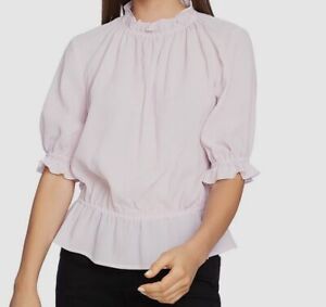 $125 1. State Women's Pink White Short-Sleeve Ruffle Micro-Check Blouse Size M
