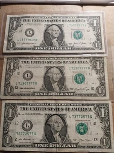3 One Dollar Federal Reserve Note 2006 2013 and 2021 all with five sevens - Picture 1 of 2