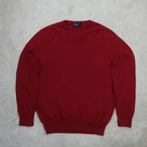 Polo Ralph Lauren Jumper Mens Large Red Pima Cotton Knit Preppy V Neck  - Picture 1 of 11