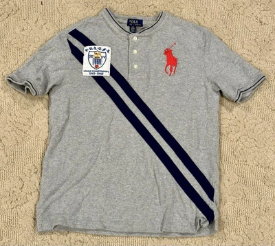 Polo Ralph Lauren Shirt Boys L Gray Red Big Pony 2 Stripes - Image 1 of 4