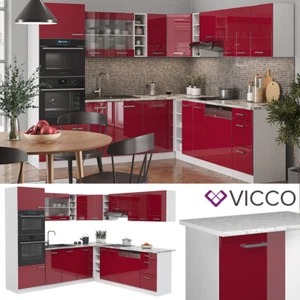 Küchenzeile Eckküche Einbauküche R-Line Ecke Weiß Bordeaux Hochglanz Küche Vicco - Bild 1 von 7