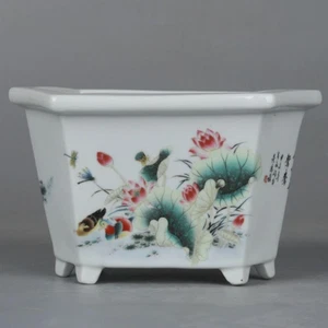rare Medium 13cm "鴛鴦荷模様六方鉢" old vintage japan antique bonsai pot good Japan - Picture 1 of 15