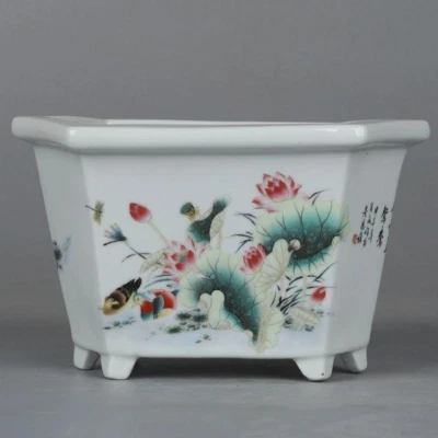 rare Medium 13cm "鴛鴦荷模様六方鉢" old vintage japan antique bonsai pot good Japan - Image 1 of 4