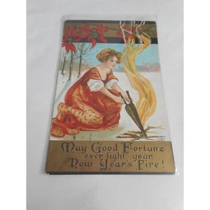 Vintage New Year's Postcard posted written Fire Poinsettia 1910 embossed - Picture 1 of 2