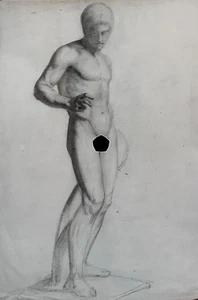 Antike Zeichnung Kohle Akt Mann Portrait 19. Jahrhundert um 1860 - Bild 1 von 8