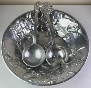 Vintage 3 Piece Hand Cast Aluminum Salad Bowl Set w/Servers Sun Moon Fruit - Picture 1 of 11