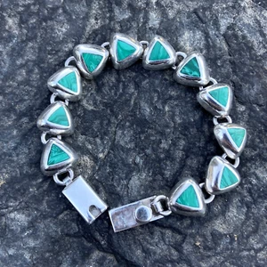 Vintage Taxco Sterlingsilber Malachit Dreieck Link Modernist Armband TH-109 SELTEN - Bild 1 von 5