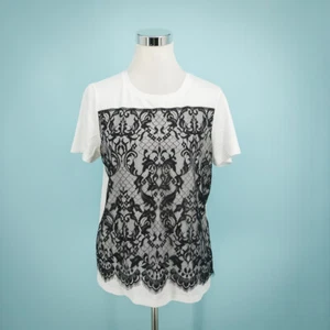 Draper James Size Medium M White Black Floral Lace Overlay Crew Short Sleeve Top - Imagen 1 de 6