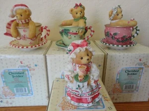 Lot of 4 Cherished Teddies HAVE A CUP FULL OF LOVE PEACE JOY w/ Plates + Holly - Picture 1 of 12