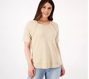 Denim & Co Canyon Retreat V-Neck Raglan Elbow Sleeve Top W/ Raw Hem Oat Milk 3X - Picture 1 of 2