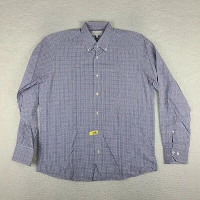 Neiman Marcus 衬衫男式大号蓝色格子棉连衣裙纽扣意大利制造 — 第 1/4 张图片