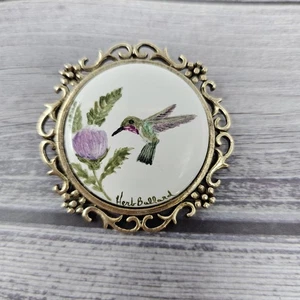 Vintage bemalte Kolibri Blume Floral Brosche Anstecknadel Anhänger Schmuck signiert - Bild 1 von 5