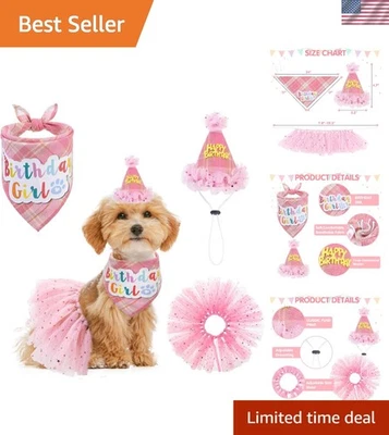 Elegante Conjunto de Cumpleaños para Cachorro: Bandana Ajustable, Vestido y Sombrero a Cuadros Rosa Foto 1 de 4