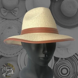 Riah Fashion Tan Paper Straw Woven Brown Faux Leather Trim Straps Fedora Hat NWT - Picture 1 of 9