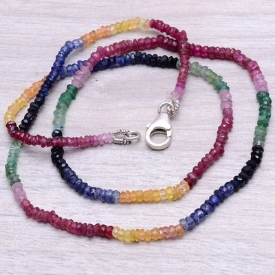 17" Single Strand Natural Emerald Ruby Sapphire Beads Necklace 925 Silver Clasp - Image 1 of 4