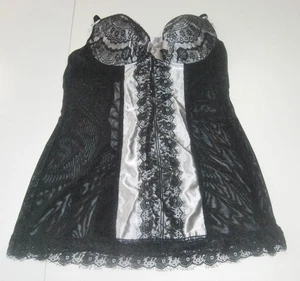 i Collection B;Black Pizzo Trasparente Bustier Argento Raso Inserto Cinghie Misura 2X - Foto 1 di 5