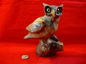 Vintage Mid-Century Modern handgeschnitzte Holz EULE mit bernsteinfarbenen Augen 5" x 4,5" - Bild 1 von 8