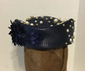 KENTUCKY DERBY CHURCH HAT Navy With Pearls and Gold Beads Vintage - Picture 1 of 6