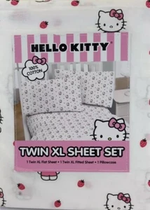 Hello Kitty XL Twin Sheet Set 3 Piece Strawberry 100% Cotton By Sanrio - Picture 1 of 1