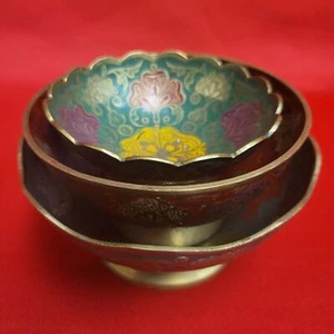 Vintage India Brass Bowl Painted Floral Patterns Scalloped Rim Footed Dish - Picture 1 of 14