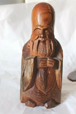 Antigua estatuilla asiática tallada a mano de madera maciza Fukurokuju siete dioses de la suerte Foto 1 de 4