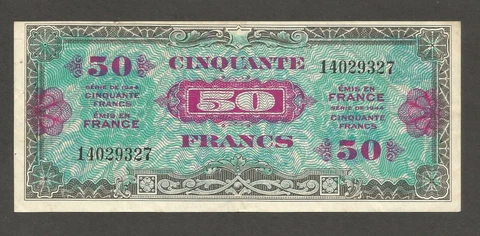 France 50 Francs 1944; VF+; P-117a; Operation Tom Cat; MPC; WWII Cover