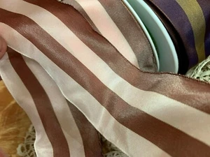 vintage 2" rayon acetate wire ribbon stripe blush pink brown 1yd France - Picture 1 of 4