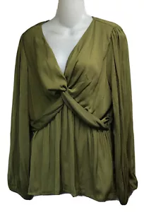 Pleione Woman Kiwi Green Blouse Top Sz L Long Sleeve V-Neck Fashion Front BN - Picture 1 of 12