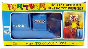 Proyector de juguete de plástico Fortuna azul vintage con caja y diapositivas - Imagen 1 de 14