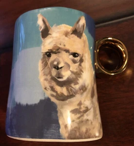 Lauren Carlson Wolcott Anthropologie Llama Mug Ceramic EUC Gold Handle  - Picture 1 of 8