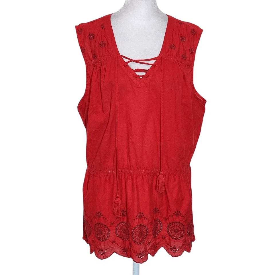 St. John's Bay Red Sleeveless Cotton Blouse with Eyelet Embroidery Size XL - Image 1 of 4