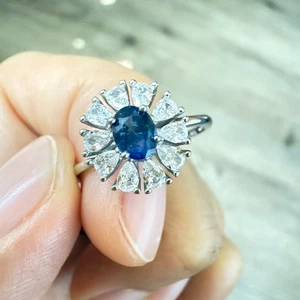 925 Sterling Silver Ring Oval Sapphire 5x3mm Gemstone 3x2mm Zircon Jewelry Gift - Picture 1 of 11