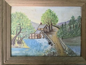 Vintage Folk The Old Mill Painting Primitive Framed - Picture 1 of 10