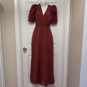 Zara Jumpsuit Damen XS Terrakotta Faux Wickel Puff Kurzarm weites Bein - Bild 1 von 15