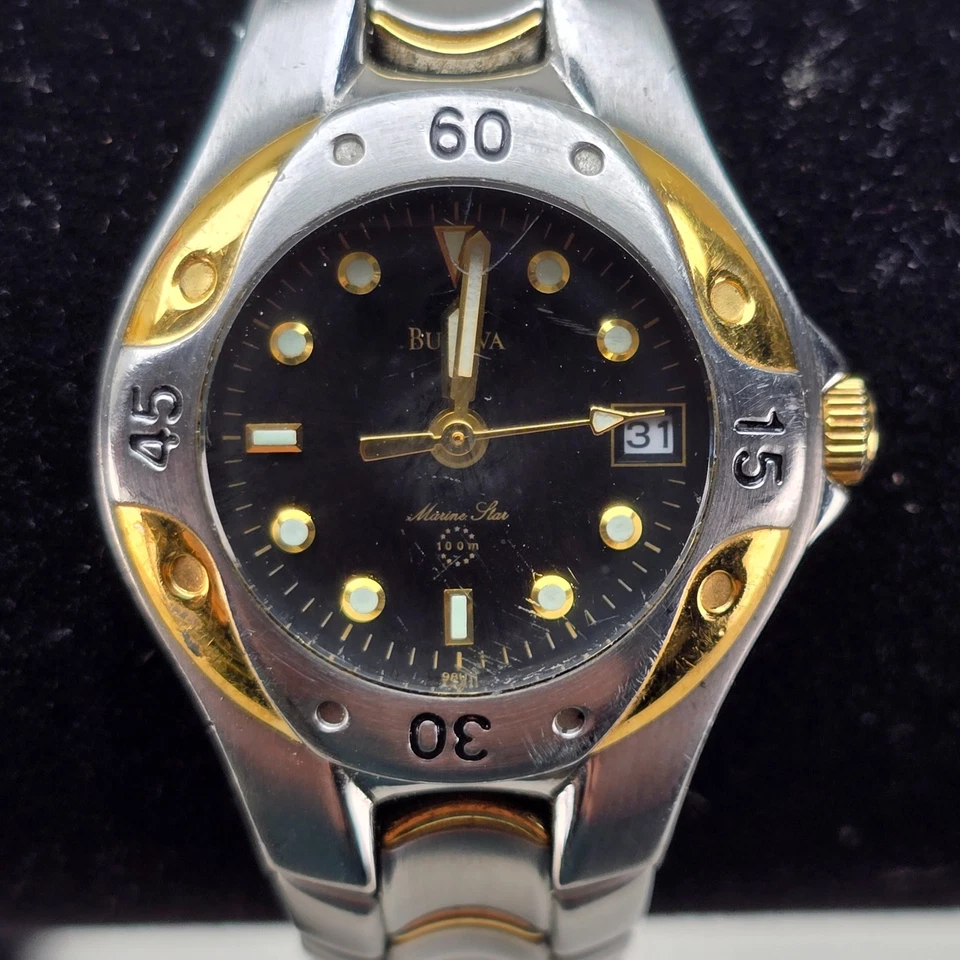 Bulova Marine Star Quartz Watch Black Dial Two Tone Womens New Battery -X1X - Image 1 of 4