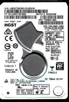 HTS541010A7E630 P/N: 0J47791 MLC: DA7151 THAILAND MAY 2016 HGST 1TB - Image 1 of 2